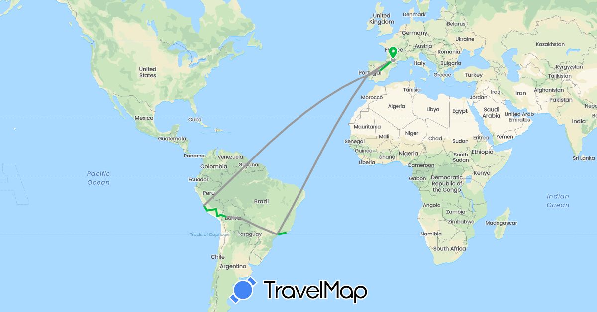 TravelMap itinerary: driving, bus, plane in Bolivia, Brazil, Spain, France, Peru, Portugal (Europe, South America)
